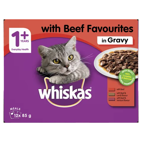 WHISKAS FAVOURITES BEEF IN GRAVY MVMS 12X85G