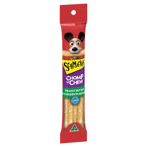 SCHMACKOS CHOMP 'N' CHEW DOG TREAT PEANUT BUTTER & CHICKEN 60G