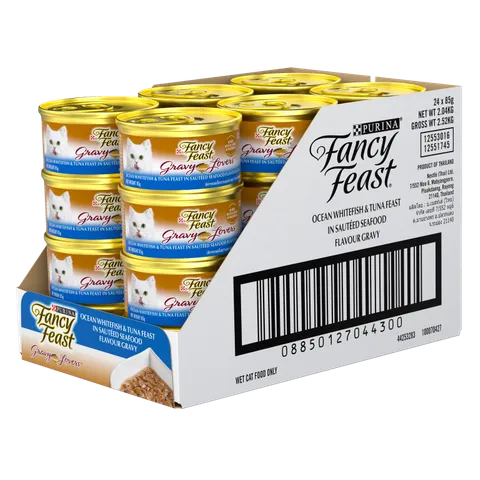 FANCY FEAST GL OCEAN WHITEFISH & TUNA FEAST SAUTEED SEAFOOD FLAVOUR GRAVY 24X85G