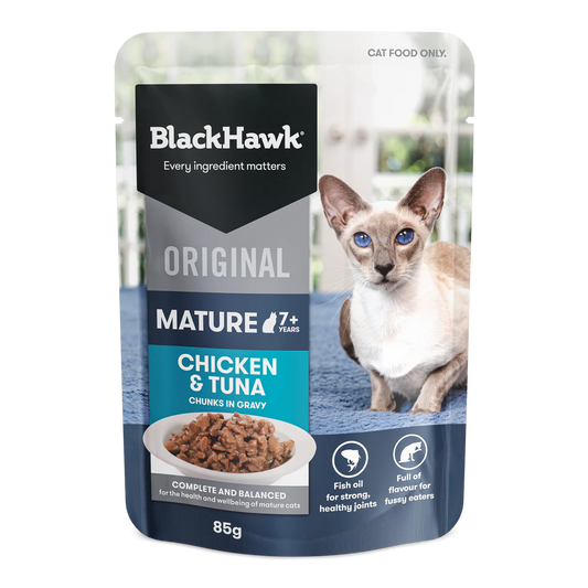 Black Hawk Mature 7+ Pouches Chicken & Tuna In Gravy Cat Food 12x85g