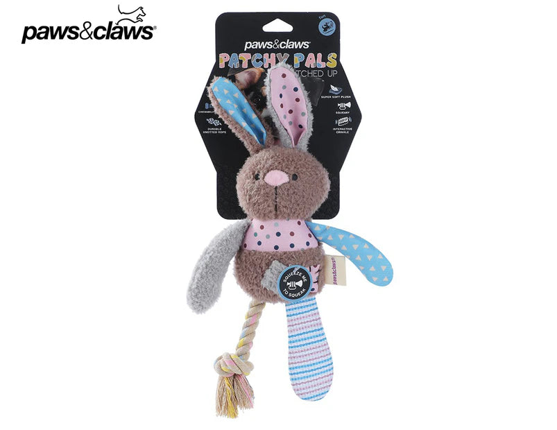Paws Red Rabbit Toy Paws & Claws Patchy Pals Plush Rabbit Toy With Rope – Petcare Warehouse
