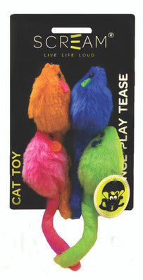 Prestige Pets Scream 4pk Multi Coloured Mice With Rattle