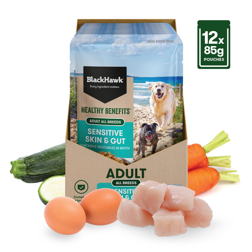 Black Hawk Healthy Benefits Sensitive Skin And Gut Wet Dog Food Pouches 12x85g