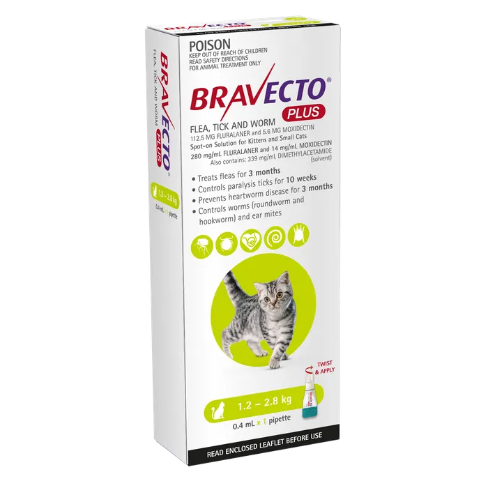 Bravecto Plus Green For Cats 1.2-2.8kgs