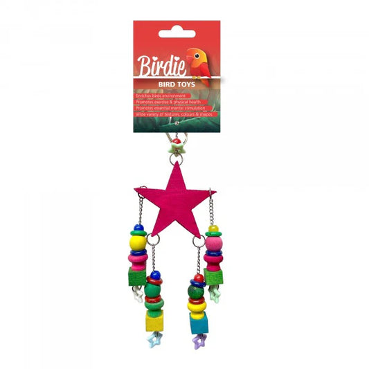 Birdie Crimson Wooden Star With Hanging Beads