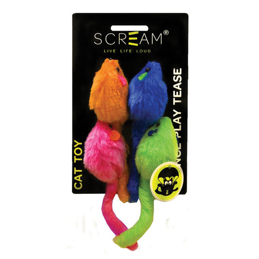 Prestige Pets Scream 4pk Multi Coloured Mice With Rattle
