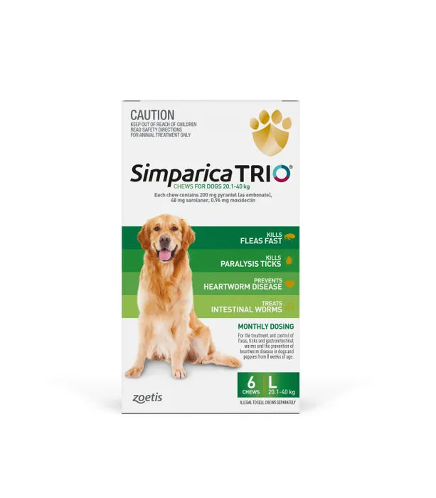 Simparica Trio Green for Dogs 20.1-40kgs (6 PACKS COME WITH 1 MONTH FREE)