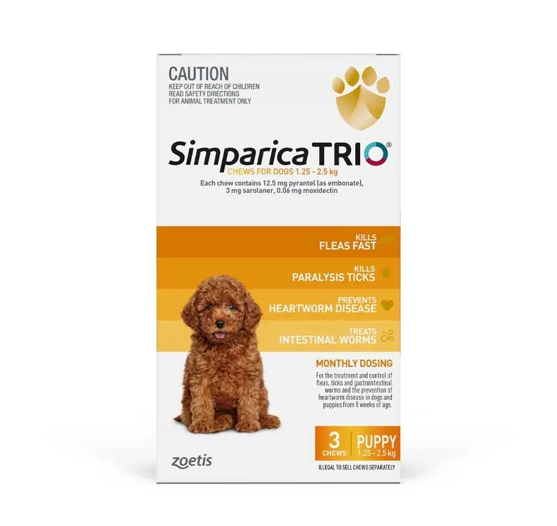 Simparica Trio Yellow for Puppies and Dogs 1.25-2.5kg 3pk