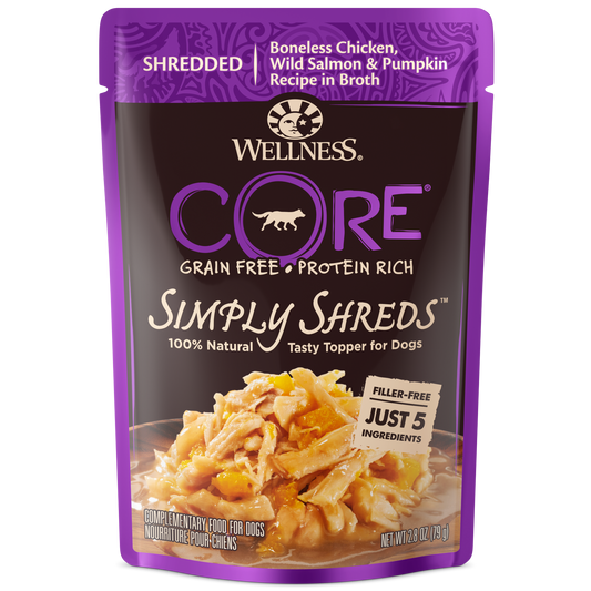 Wellness CORE Shredded Boneless Chicken, Wild Salmon & Pumpkin Recipe in Broth 12pk