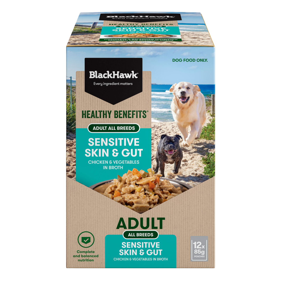 Black Hawk Healthy Benefits Sensitive Skin And Gut Wet Dog Food Pouches 12x85g