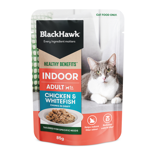 Black Hawk Healthy Benefits Pouches Indoor Chicken & Whitefish Cat Food 12x85g