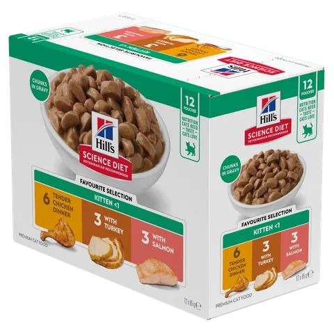 SCIENCE DIET KITTEN FAVOURITE VARIETY 85GX12PK 6CHICKEN 3TURKEY 3OCEANFISH