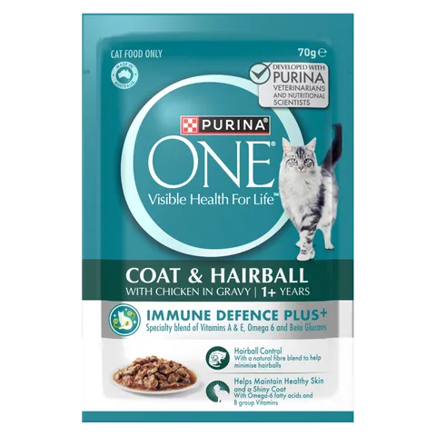 PURINA ONE® ADULT COAT AND HAIRBALL WITH CHICKEN IN GRAVY WET POUCH 12X70G