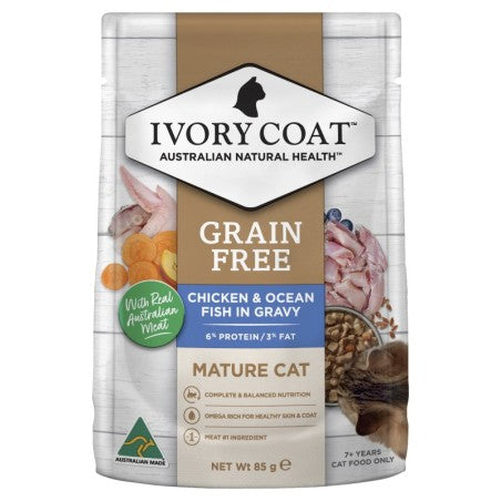 Ivory Coat Mature Chicken & Ocean Fish In Gravy Wet Pouches Cat Food 12x85g