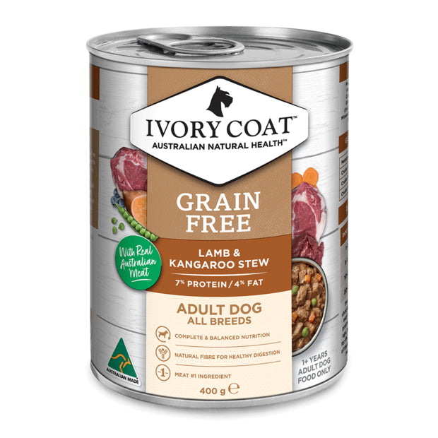 Ivory Coat Wet Dog Food Adult Lamb And Kangaroo Stew Cans 12x400g