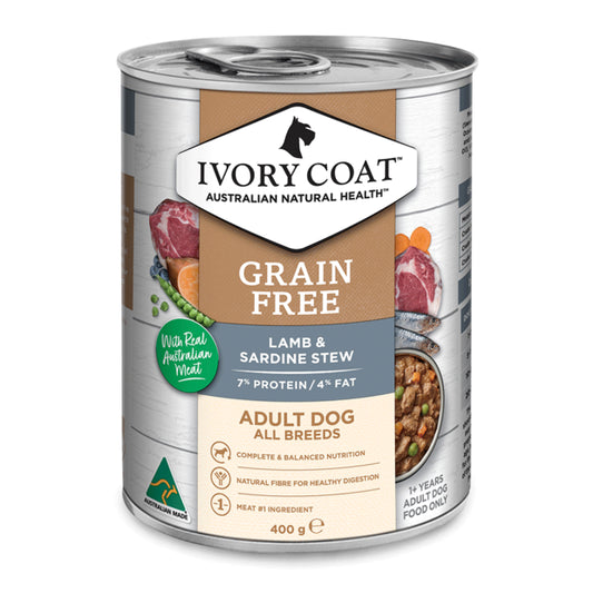 Ivory Coat Wet Dog Food Adult Lamb And Sardine Stew Cans 12x400g