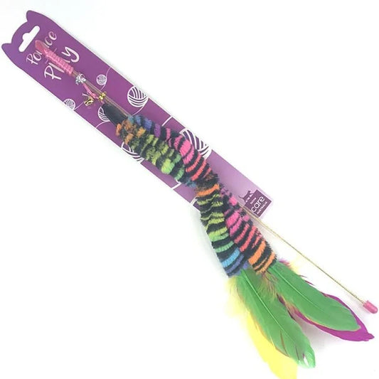 All Pet Pounce & Play Teaser Wand Twin Tail Rainbow Colour With Feathers